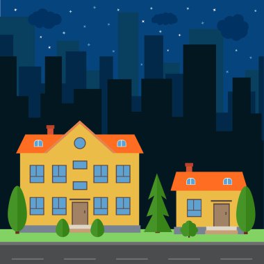 Çizgi film evler ve Binalar ile vektör gece şehir. Yolda düz stil arka plan kavramı ile şehir alanı.