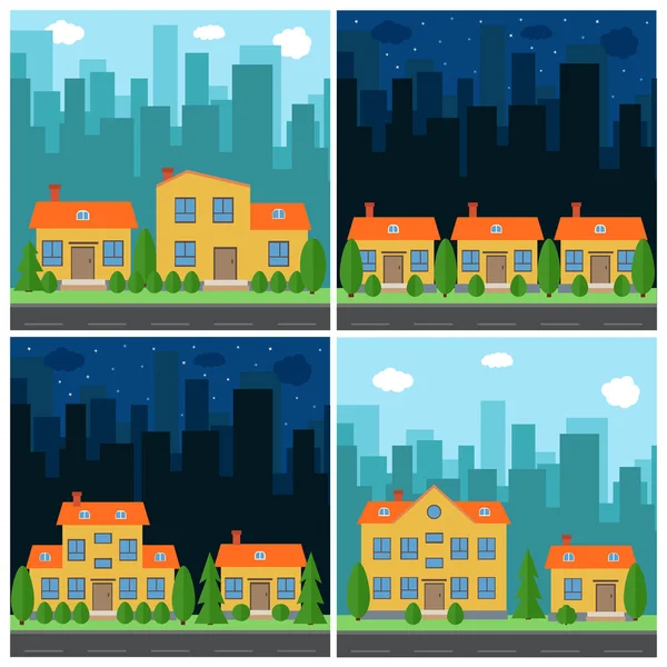Zestaw dnia i nocy wektor miasta z kreskówki domów i budynków — Wektor stockowy