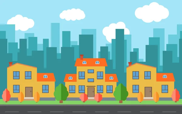 Vektorstadt mit Cartoon-Häusern und Gebäuden. Stadtraum mit Straße im flachen Stil Hintergrundkonzept — Stockvektor