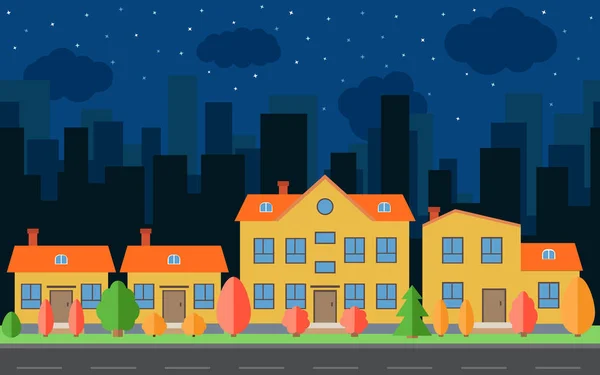 Vecteur ville de nuit avec des maisons de dessin animé et des bâtiments. Espace ville avec route sur fond plat concept — Image vectorielle