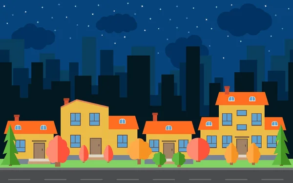 Vector cidade noturna com casas de desenhos animados e edifícios. Espaço da cidade com estrada em estilo plano de fundo conceito — Vetor de Stock