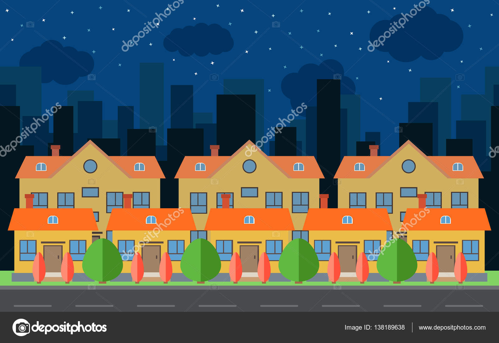 Vector Night City With Cartoon Houses And Buildings City Space With Road On Flat Style Background Concept Stock Vector C Dniprodd 138189638