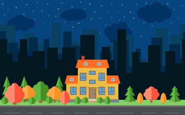 Çizgi film evler ve Binalar ile vektör gece şehir. Yolda düz stil arka plan kavramı ile şehir alanı