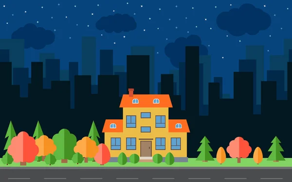 Vector cidade noturna com casas de desenhos animados e edifícios. Espaço da cidade com estrada em estilo plano de fundo conceito — Vetor de Stock