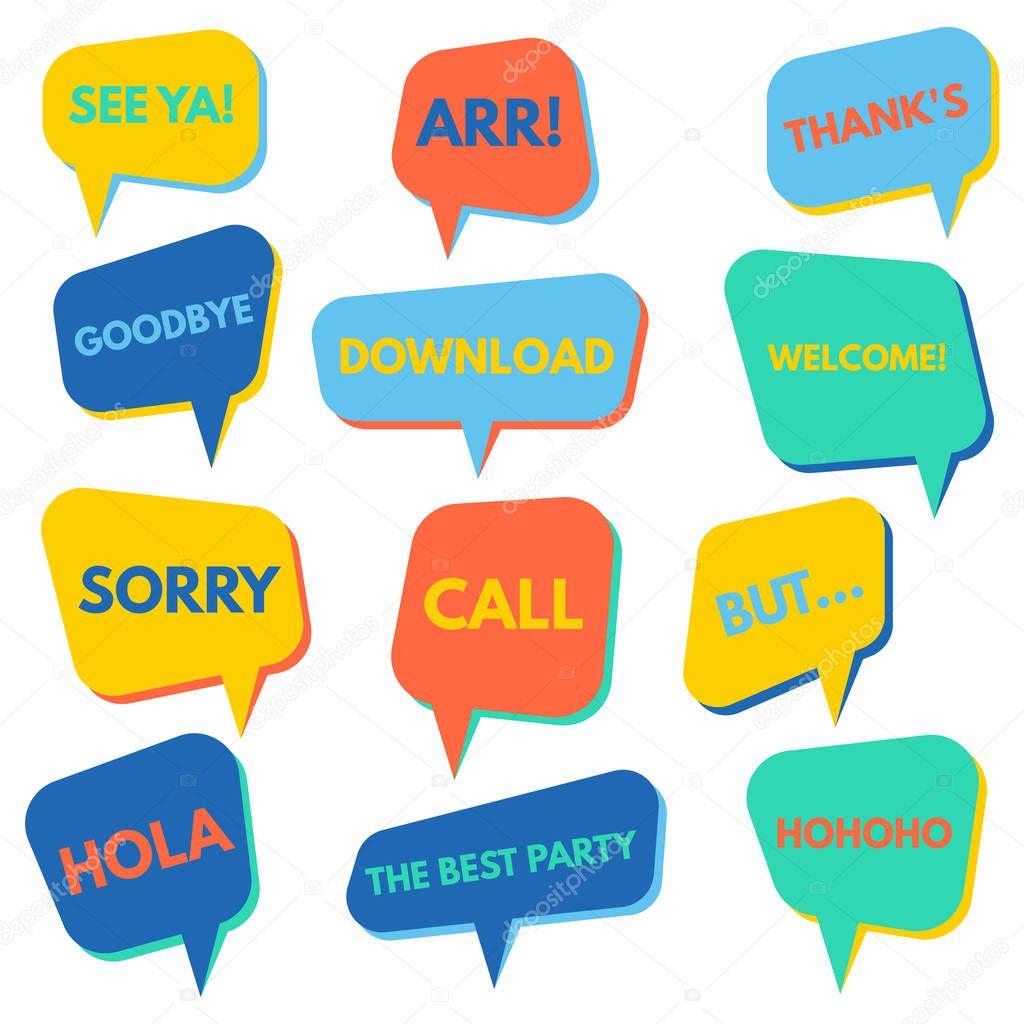 Set of speech bubbles on a white background with different inscriptions in the middle