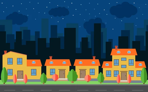 Vector cidade noturna com casas de desenhos animados e edifícios. Espaço da cidade com estrada em estilo plano de fundo conceito . — Vetor de Stock