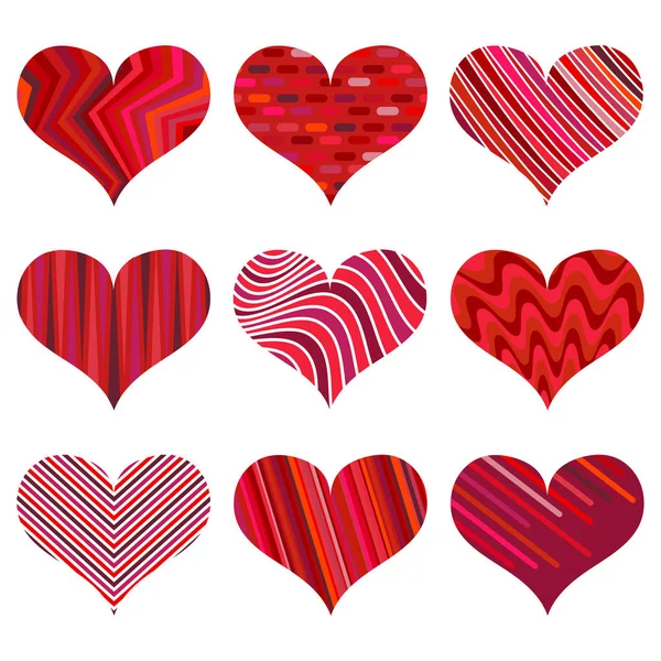 Uppsättning av olika röda hjärtan. Nio hjärtan isolerad på en vit bakgrund. — Stock vektor