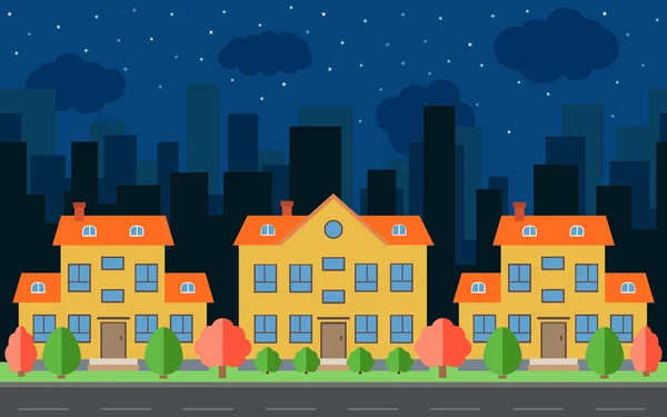 Wektor miasto noc z kreskówki domów i budynków. Przestrzeń miejska z drogi na płaski koncepcja tło — Wektor stockowy