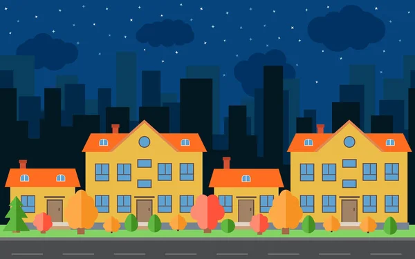 Vector cidade noturna com quatro casas de desenhos animados e edifícios. Espaço da cidade com estrada em estilo plano de fundo conceito . — Vetor de Stock