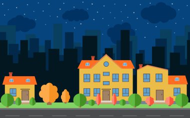 Vektör gece şehir karikatür ile ağaçlar ve çalılar ile ev sahipliği yapmaktadır. Yolda düz stil arka plan kavramı ile şehir alanı.