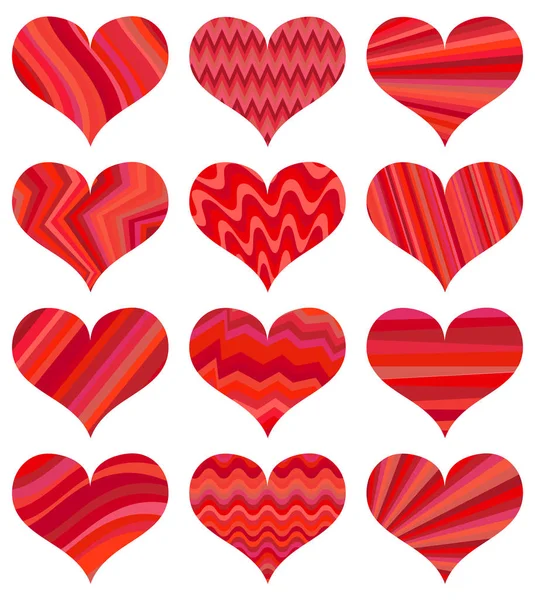 Uppsättning av olika röda hjärtan. Tolv hjärtan isolerad på vit bakgrund. — Stock vektor