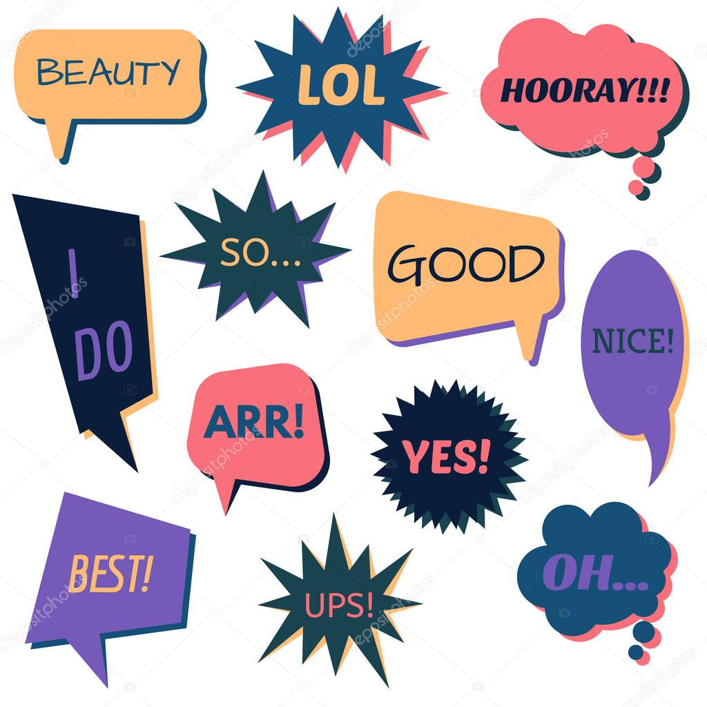 Set of speech bubbles on a white background with different inscriptions in the middle.