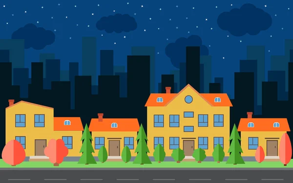 Vector noite cidade com casas de desenhos animados e edifícios com árvores vermelhas e verdes e arbustos — Vetor de Stock