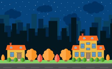 İki çizgi film ev ve Binalar ile vektör gece şehir. Yolda düz stil arka plan kavramı ile şehir alanı. Yaz kentsel peyzaj.