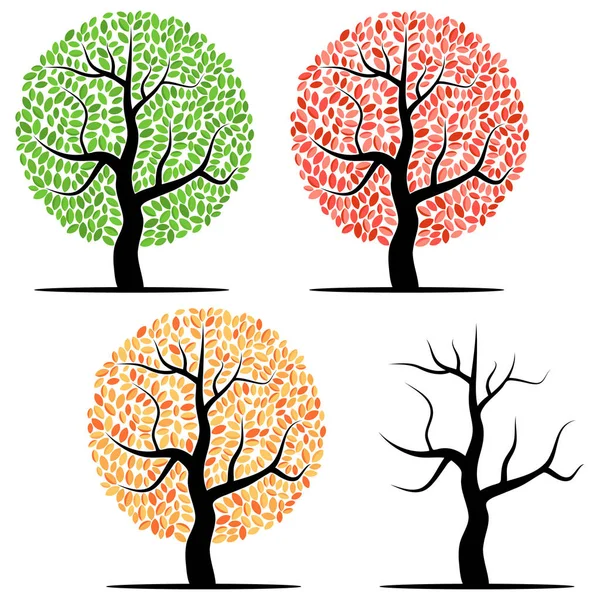 Quatre arbres aux feuilles vertes, rouges, jaunes et sans feuilles — Image vectorielle