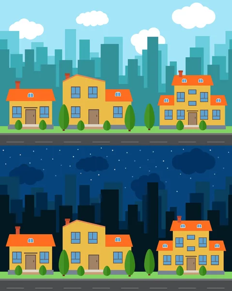 Wektor miasta z kreskówki domów i budynków w dzień i noc. — Wektor stockowy