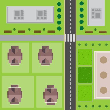 Şehir planı. Yol ile şehrin Üstten Görünüm