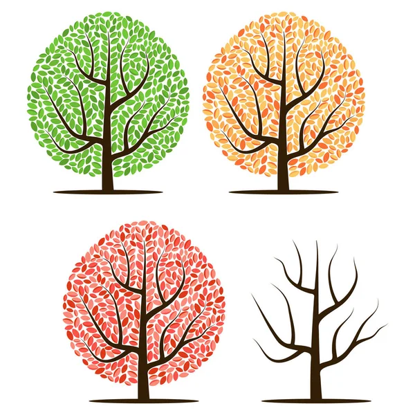 Quatre arbres aux feuilles vertes, rouges, jaunes et sans feuilles — Image vectorielle