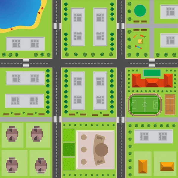 Plattegrond van de stad. Bovenaanzicht van de stad met de weg — Stockvector