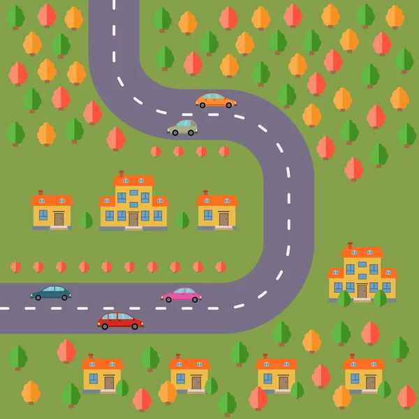 Plan miejscowości. Krajobraz z drogi, lasu, samochody i domy — Wektor stockowy