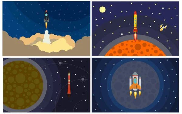Roket uçan ile dört vektör çizim seti — Stok Vektör