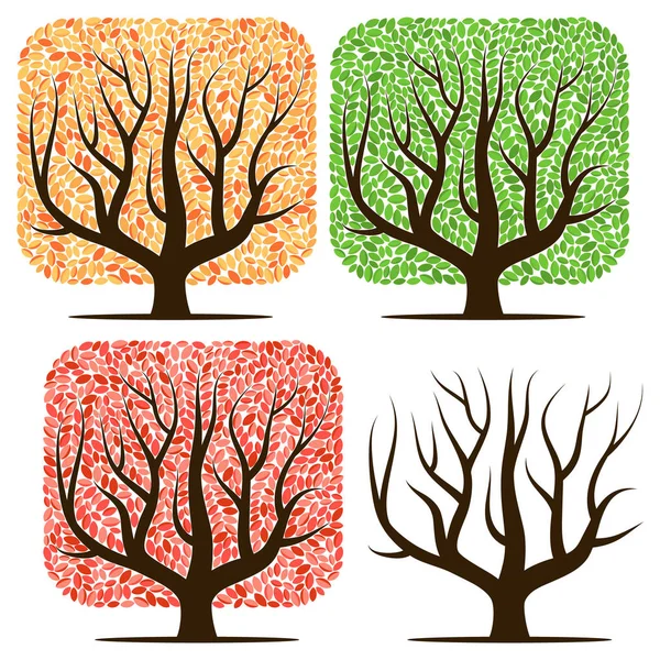 Vier Bäume mit grünen, roten, gelben Blättern und ohne Blätter — Stockvektor