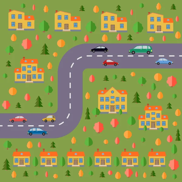 План деревни. Пейзаж с дороги, леса, автомобилей и домов — стоковый вектор