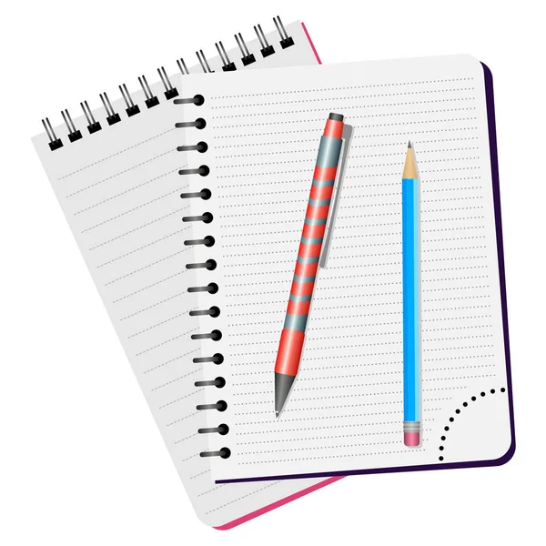 Dos cuadernos, pluma roja y lápiz azul — Vector de stock