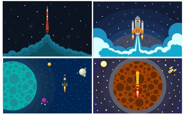 Ensemble de quatre illustrations vectorielles avec fusée volante — Image vectorielle