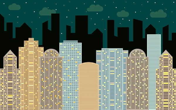 Éjszakai városi táj. Utcára néző városkép, felhőkarcolók — Stock Vector