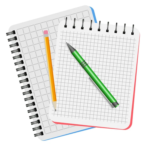Dos cuadernos, pluma verde y lápiz amarillo — Archivo Imágenes Vectoriales