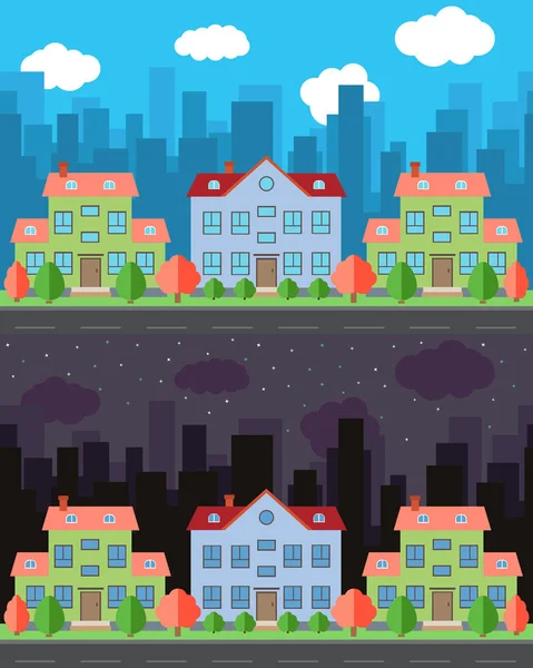 Vektorstadt mit Cartoon-Häusern und Gebäuden bei Tag und Nacht. — Stockvektor
