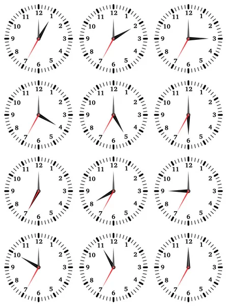 Un conjunto de relojes mecánicos con una imagen de cada una de las doce horas . — Vector de stock