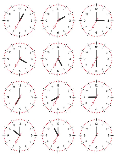 A set of mechanical clocks with an image of each of the twelve hours — Stock Vector