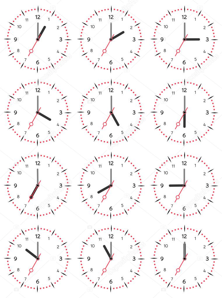 A set of mechanical clocks with an image of each of the twelve hours