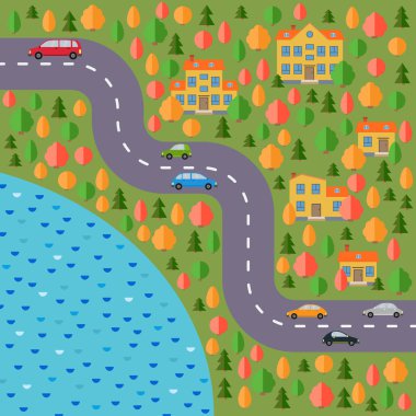 Köy planı. Yol, orman, göl, arabalar ve evler ile manzara.