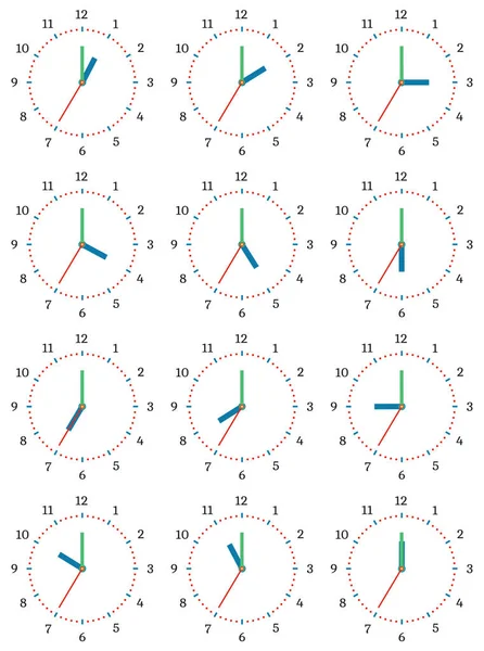 Zestaw zegarów mechanicznych z obrazu każdego z dwunastu godzin. — Wektor stockowy