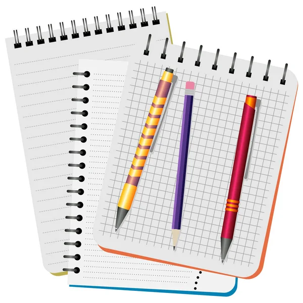 Tres cuadernos, pluma amarilla, pluma roja y lápiz púrpura — Vector de stock