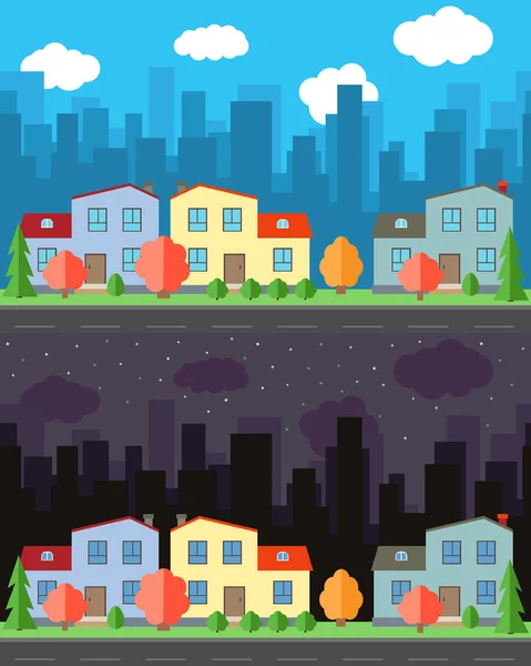 Ville vectorielle avec trois maisons de dessin animé et des bâtiments dans le jour et la nuit . — Image vectorielle