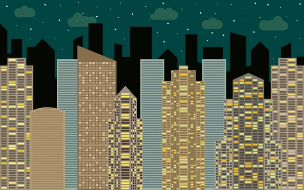 Paisagem urbana noturna. Vista de rua com paisagem urbana, arranha-céus e edifícios modernos —  Vetores de Stock