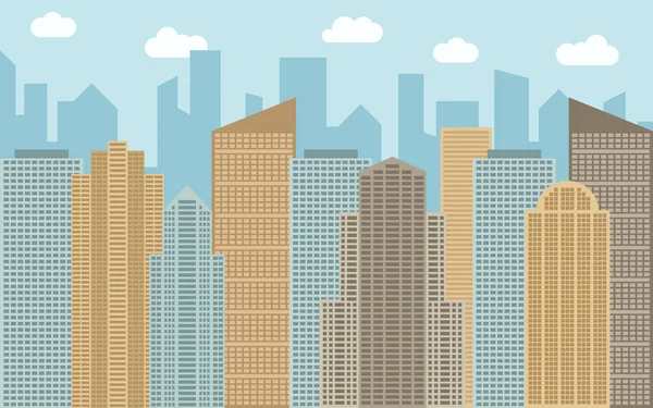 Vektor városi táj illusztráció. Utcára néző városkép, a felhőkarcolók, a modern épületek, napsütéses napon. — Stock Vector