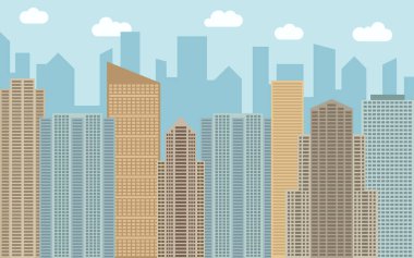 Vektör kentsel peyzaj çizim. Cityscape, gökdelenler ve güneşli bir gün, modern binalar ile sokak görünümü.
