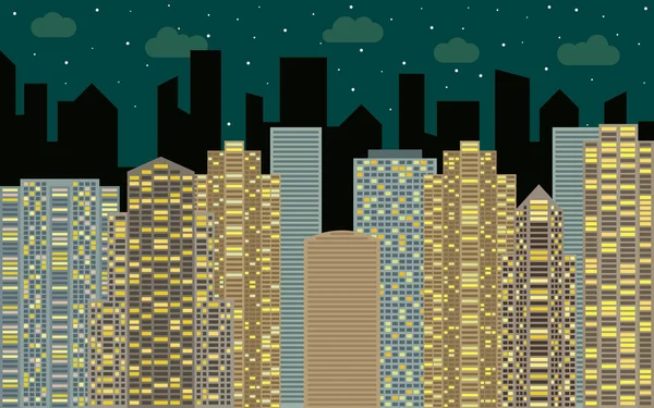 Éjszakai városi táj. Utcára néző városkép, a felhőkarcolók, a modern épületek. — Stock Vector