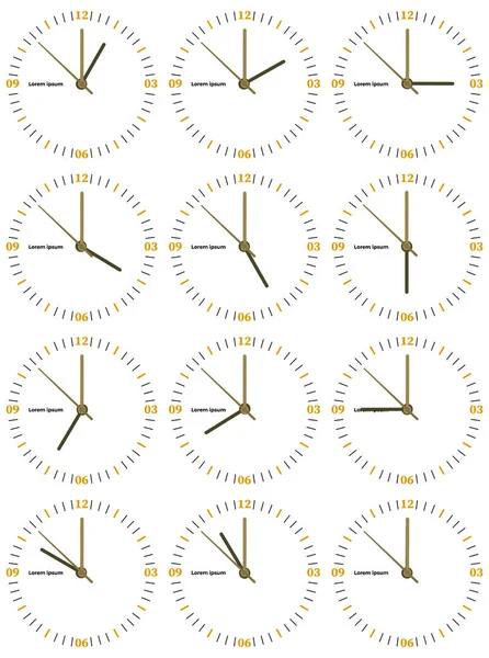 A set of mechanical clocks with an image of each of the twelve hours. — Stock Vector
