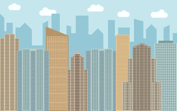 Vector εικονογράφηση του αστικού τοπίου. Το Street view με το αστικό τοπίο, ουρανοξύστες και μοντέρνα κτίρια στην ηλιόλουστη μέρα. — Διανυσματικό Αρχείο