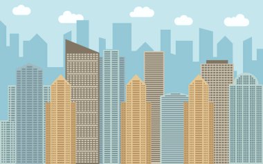 Vektör kentsel peyzaj çizim. Cityscape, gökdelenler ve güneşli bir gün, modern binalar ile sokak görünümü.