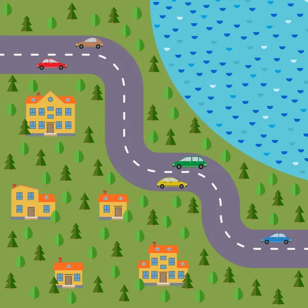 Köy planı. Yol, orman, göl, arabalar ve evler ile manzara. — Stok Vektör
