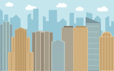 Vektör kentsel peyzaj çizim. Cityscape, gökdelenler ve güneşli bir gün, modern binalar ile sokak görünümü.