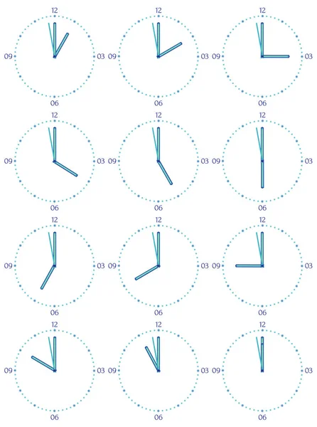 Zestaw zegarów mechanicznych z obrazu każdego z dwunastu godzin — Wektor stockowy