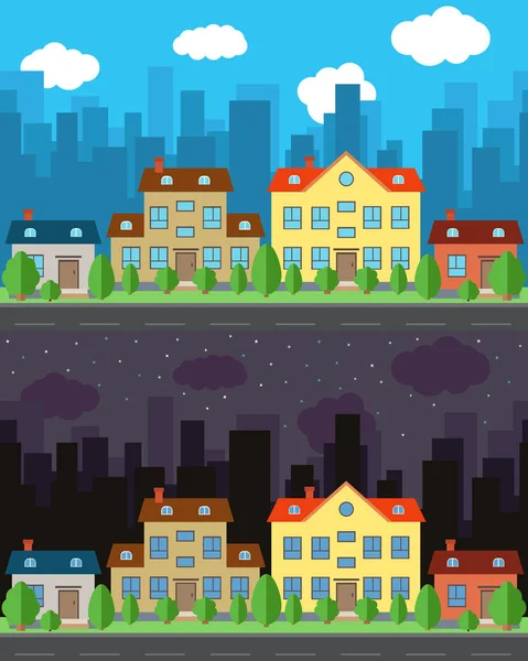 Ville vectorielle avec des maisons de dessin animé d'un et deux étages le jour et la nuit . — Image vectorielle